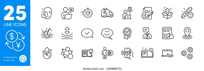 Outline icons set. Approved message, Manual and Gears icons. Face search, Online voting, Loyalty program web elements. Timer, Cogwheel, Organic product signs. Resilience. Vector