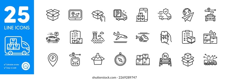 Outline icons set. Arrivals plane, Travel compass and Flight mode icons. Medical helicopter, Open box, Wholesale goods web elements. Paper plane, Gps, Car parking signs. Truck parking. Vector