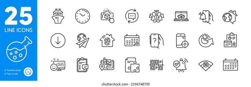 Outline icons set. Ask question, Augmented reality and Report icons. Alarm clock, Seo phone, Notification received web elements. Chandelier, Calendar graph, Work home signs. Vector