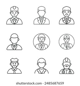 Outline icons set. Avatars of workers, doctor, farmer, student, veterinarian, journalist and builder. Portraits of employees in line art. Linear flat vector collection isolated on white background
