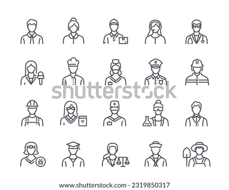 Outline icons set. Avatars of workers, doctor, farmer, student, veterinarian, journalist and builder. Portraits of employees in line art. Linear flat vector collection isolated on white background