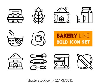 Outline icons set of bakery accessories. Vector collection, modern stroke pictogram of rolling, scapula, dough, weights, mixer, dough, rolling and other kitchen utensils. Concept bold outline symbols.