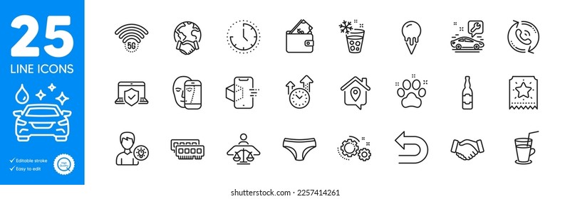 Outline icons set. Beer bottle, Pet friendly and Wallet icons. Global business, Court judge, Laptop insurance web elements. Car service, Call center, Ram signs. Gears, Undo, Time. Vector