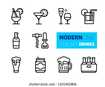 Outline icons set of beverages and glasses. Vector collection, modern stroke pictogram of drinks, cocktails, margarita, beer in bottles and glasses. Concept bold outline symbols.