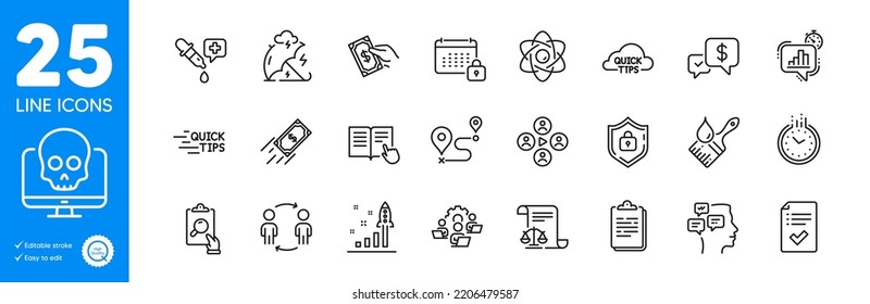 Outline icons set. Brush, Video conference and Messages icons. Quick tips, Development plan, Teamwork web elements. Stress protection, Time, Education signs. Approved checklist, Calendar. Vector