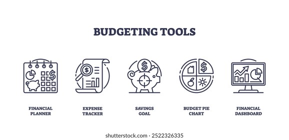 Outline icons set of budgeting tools including financial planner, expense tracker, savings goal, budget pie chart, and financial dashboard, preferably at the end of the sentence.