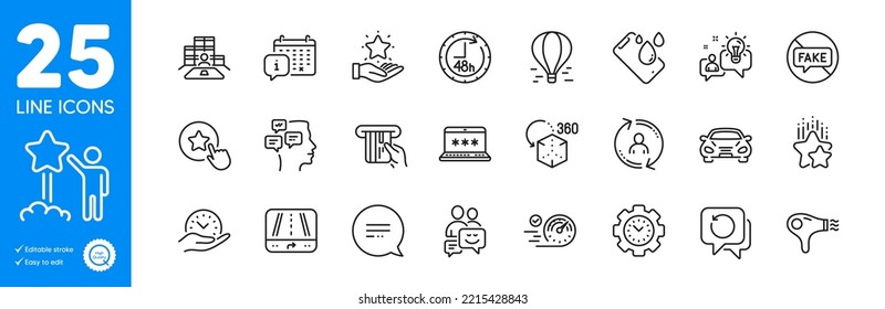 Outline icons set. Calendar, Inventory and Loyalty star icons. Communication, Credit card, Augmented reality web elements. Loyalty program, Time management, Messages signs. Car. Vector