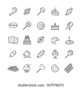Outline icons set - candy, cakes, cookies, sweet, ice cream