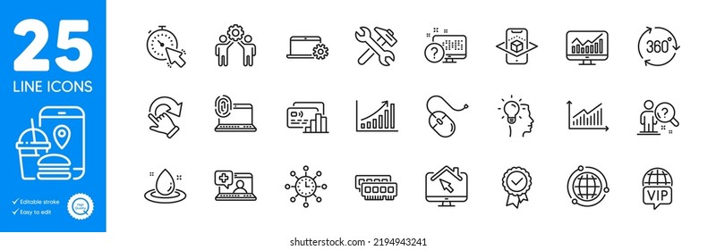 Outline icons set. Card, Computer fingerprint and Repair icons. Graph, Idea, Work home web elements. Tested stamp, Food app, 360 degree signs. Fuel energy, Vip internet, Timer. Vector