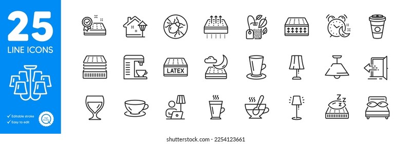 Outline icons set. Ceiling lamp, Tea cup and Floor lamp icons. Mattress, Deluxe mattress, Coffee machine web elements. Entrance, Latte, Bed bugs signs. Espresso, Mint bag, Alarm. Vector