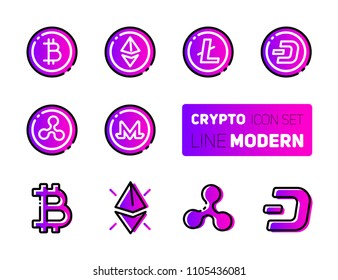 Outline icons set of cryptocurrency theme. Vector collection pictogram with rounded stroks in ultraviolet. Mining gigs and blockchain structures - bitcoin, ethereum, litecoin, dash, ripple, monero. 