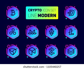 Outline icons set of cryptocurrency theme - Vector collection in dark color. Mining gigs and blockchain structures - bitcoin, ethereum, litecoin, dash, ripple, monero, mem, neo, zcash, stratis. 