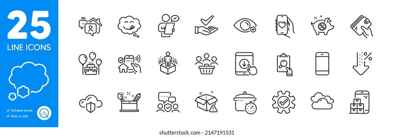 Outline icons set. Customer survey, Delivery warning and Smartphone icons. Scroll down, Farsightedness, Cake web elements. Creativity concept, Security agency, Dating app signs. Vector