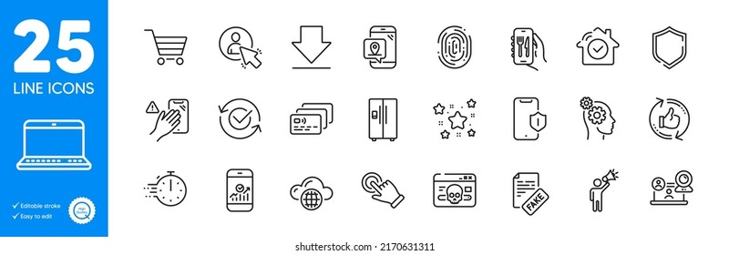 Outline icons set. Cyber attack, Approved and Smartphone protection icons. Smartphone statistics, Fingerprint, Restaurant app web elements. Notebook, Shield, Stars signs. Refresh like. Vector