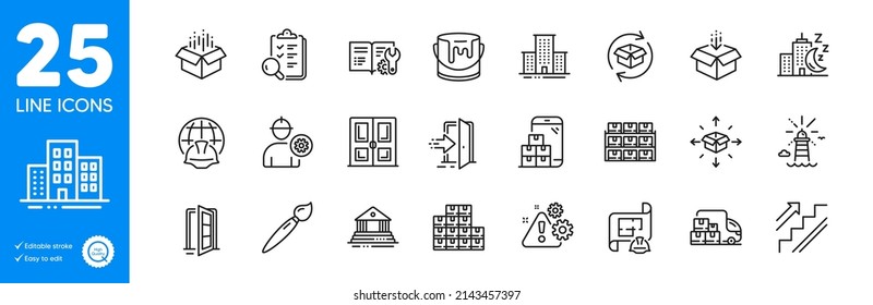 Outline icons set. Delivery truck, Warning and Engineer icons. Door, Boxes shelf, Entrance web elements. Inspect, Engineering documentation, Global engineering signs. Lighthouse. Vector