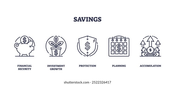 Outline icons set depicting financial security, investment growth, protection, planning, and accumulation, preferably at the end of the sentence.