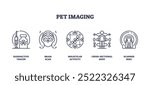 Outline icons set depicting PET imaging concepts, radioactive tracer, brain scan, molecular activity, cross-sectional body, and scanner ring. Outline icons set.