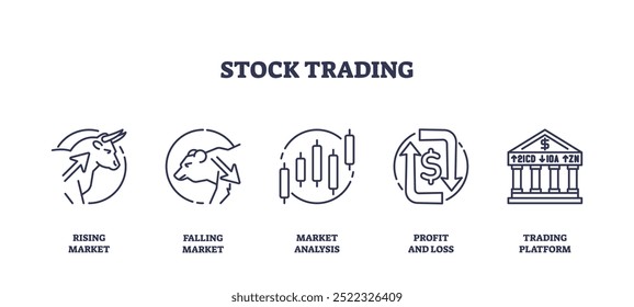 Outline icons set depicting rising market, falling market, market analysis, profit and loss, and trading platform, preferably at the end of the sentence.