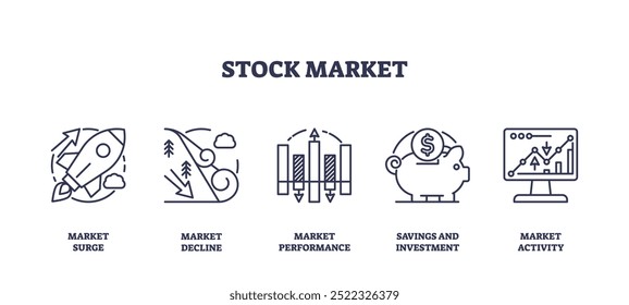 Outline icons set depicting stock market concepts like surge, decline, performance, savings, and activity. Preferably at the end of the sentence.