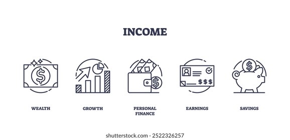 Outline icons set depicting wealth, growth, personal finance, earnings, and savings, preferably at the end of the sentence.