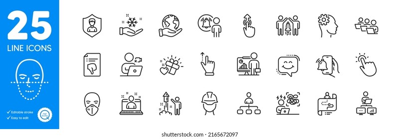 Outline icons set. Difficult stress, Video conference and Work home icons. Teamwork, Alarm clock, Face recognition web elements. Fireworks, Touchscreen gesture, Freezing signs. Vector