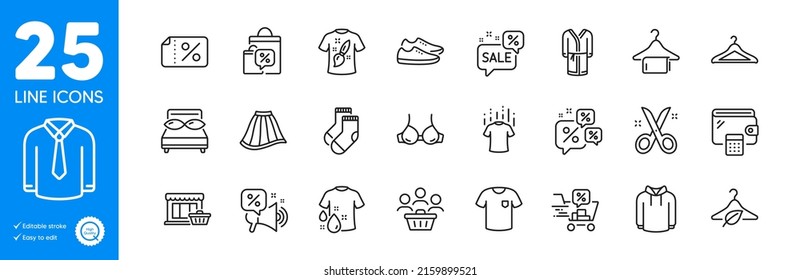 Outline icons set. Discounts offer, Discount banner and Buyers icons. Wallet, Dry t-shirt, Sale bags web elements. Scissors, T-shirt, Cloakroom signs. Discounts bubble, Hoody, Bra. Socks. Vector