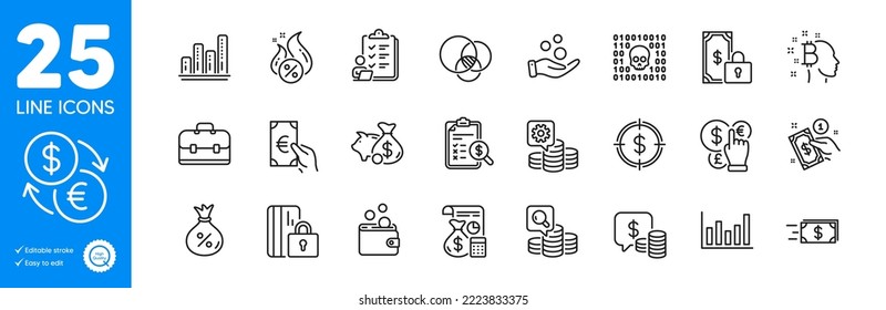 Outline icons set. Donation money, Column chart and Payment method icons. Euler diagram, Piggy bank, Binary code web elements. Finance, Coins, Making money signs. Bitcoin think, PortfolioLoan. Vector