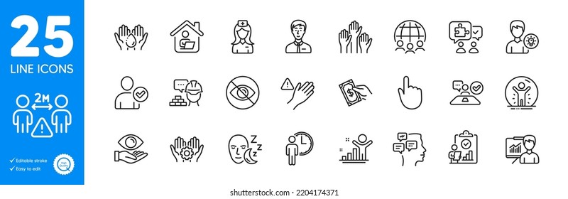 Outline icons set. Dont touch, Puzzle and Messages icons. Identity confirmed, Waiting, Not looking web elements. Winner, Hand click, Pay money signs. Health eye, Voting hands, Global business. Vector