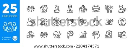 Outline icons set. Dont touch, Puzzle and Messages icons. Identity confirmed, Waiting, Not looking web elements. Winner, Hand click, Pay money signs. Health eye, Voting hands, Global business. Vector