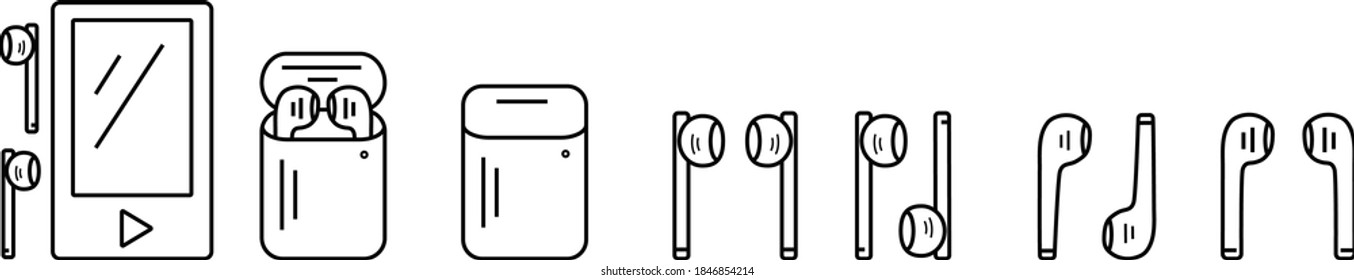 Conjunto de iconos de esquema. Dispositivos electrónicos: reproductor de música, auriculares inalámbricos. Ilustración vectorial de EPS10