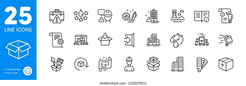 Conjunto de iconos de esquema. Ingeniería, pallet de cajas e iconos de documentos manuales. Calidad, edificios rascacielos, elementos web de Lighthouse. Documentación técnica, Pincel, carros de inserción. Vector