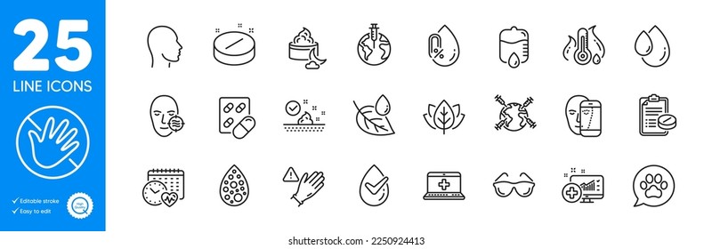 Outline icons set. Eyeglasses, Oil drop and World vaccination icons. Fever temperature, Organic tested, Capsule pill web elements. Medical analytics, Drop counter, Leaf dew signs. Vector