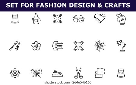 Ícones de contorno definidos para artesanato de design de moda, incluindo dedal, avental, óculos, tesoura, mais