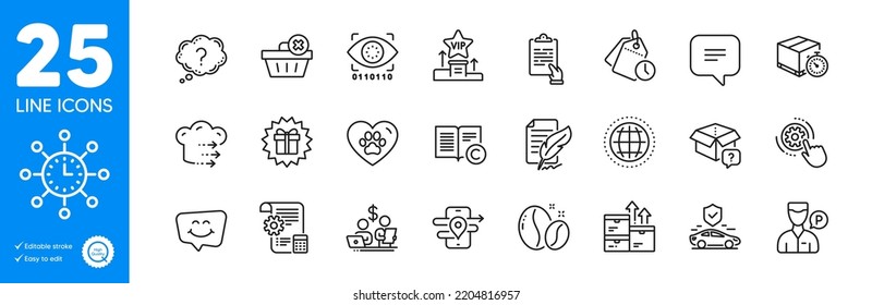 Outline icons set. Feather signature, Food delivery and Pets care icons. Clipboard, Surprise gift, Globe web elements. World time, Vip podium, Artificial intelligence signs. Text message. Vector