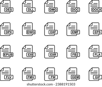 Outline icons set for File format.