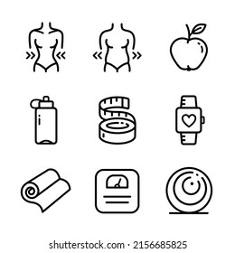 Outline icons set of fitness and weight loss. Modern flat linear pictogram concept. Premium quality line symbol collection. Simple vector design of web graphics.