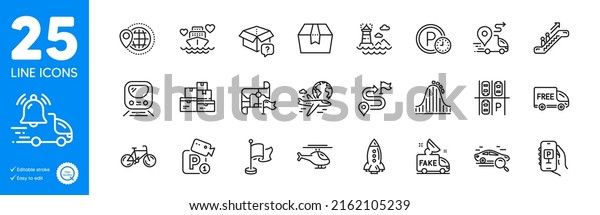 Outline icons set. Flag, Delivery and World travel\
icons. Fake news, Lighthouse, Package box web elements. Metro,\
Wholesale goods, Free delivery signs. Parking time, Helicopter,\
Journey. Vector