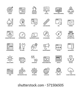 Outline icons set. Flat symbols about SEO and web development