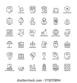 Outline icons set. Flat symbols about shipping and logistics