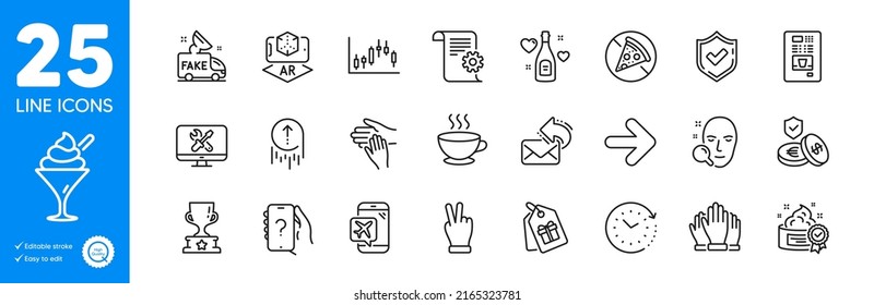 Outline icons set. Flight mode, Coffee vending and Repair icons. Love champagne, Victory hand, Cream web elements. Volunteer, Fake news, Confirmed signs. Technical documentation. Vector