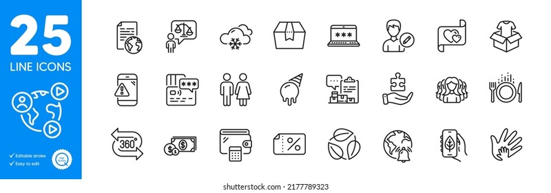 Outline icons set. Food, Internet document and Social responsibility icons. Ecology app, Internet notification, Love letter web elements. Wallet, Dollar money, Video conference signs. Vector