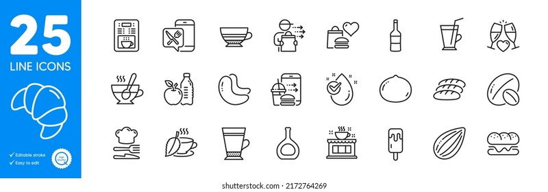 Outline icons set. Food order, Water drop and Ice cream icons. Coffee maker, Cognac bottle, Burger web elements. Macadamia nut, Cashew nut, Wine signs. Healthy food, Coffee cup, Croissant. Vector