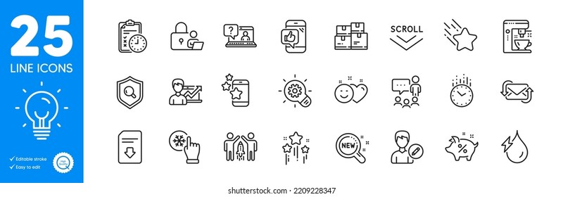 Outline icons set. Freezing click, Coffee maker and Partnership icons. Time, Energy, New products web elements. Loan percent, Wholesale inventory, Cogwheel signs. Lock, Faq, Mobile like. Vector