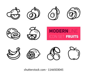 Outline icons set of fruits. Vector collection, modern stroke pictogram of fruits - mango, peach, avocado, plum, apricot, coconut, orange, banana, lemon, cherry, apple.. Concept bold outline symbols.