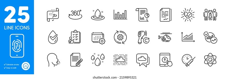 Outline icons set. Fuel energy, Graph and Vaccination schedule icons. Dermatologically tested, Statistics, Partnership web elements. Cogwheel, Checklist, Document signature signs. Vector