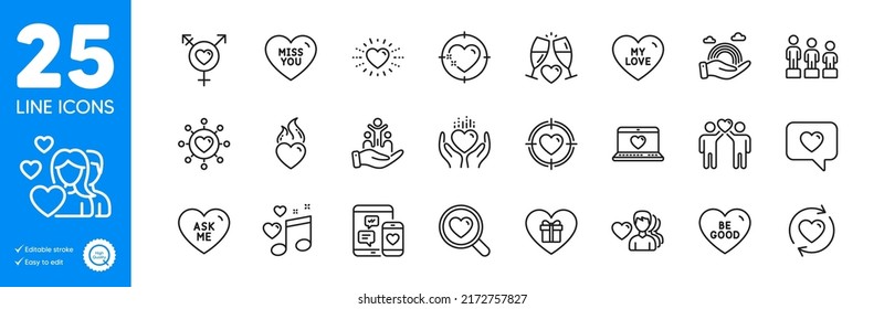 Outline icons set. Genders, Ask me and Hold heart icons. Search love, Love message, Heart web elements. Valentine target, Wedding glasses, Lgbt signs. Update relationships, Romantic gift. Vector