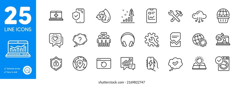Conjunto de iconos de esquema. Globo, análisis web e íconos de seguro de teléfono. Química en línea, signo de interrogación, elementos web de chat de amigos. Archivo dañado, Reciclar agua, Signos contables. Escudo. Vector