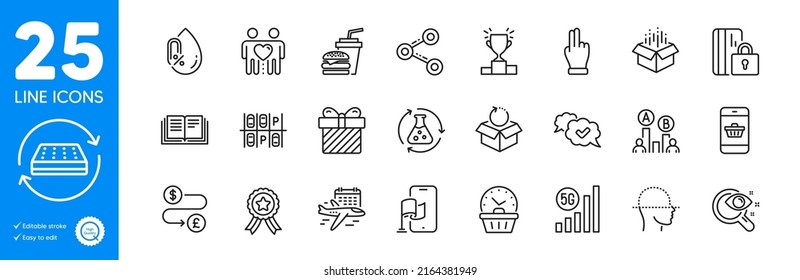 Outline icons set. Hamburger, 5g wifi and Location app icons. Click hand, Money transfer, Winner podium web elements. Blocked card, Chemistry experiment, No alcohol signs. Approved. Vector