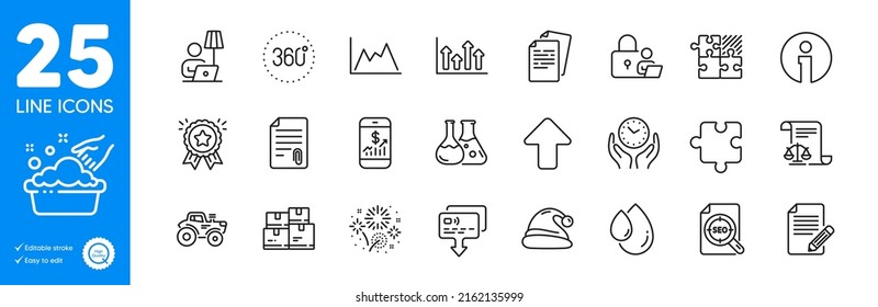 Outline icons set. Hand washing, Santa hat and Documents icons. Legal documents, Chemistry lab, Safe time web elements. Card, Info, Lock signs. 360 degrees, Upper arrows, Upload. Vector