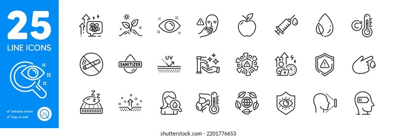 Outline Icons Set. Health Eye, No Smoking And Eye Protection Icons. Moisturizing Cream, Shield, Medical Syringe Web Elements. Vision Test, Uv Protection, Sick Man Signs. Eco Organic. Vector